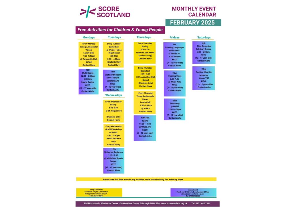 Feb 2025 Activities Calendar for Children and young people